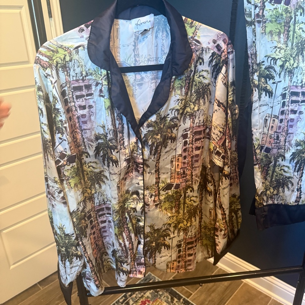 Averie Valencia Palm Print Pajama Set Saks XXL Satin - Picture 4 of 9